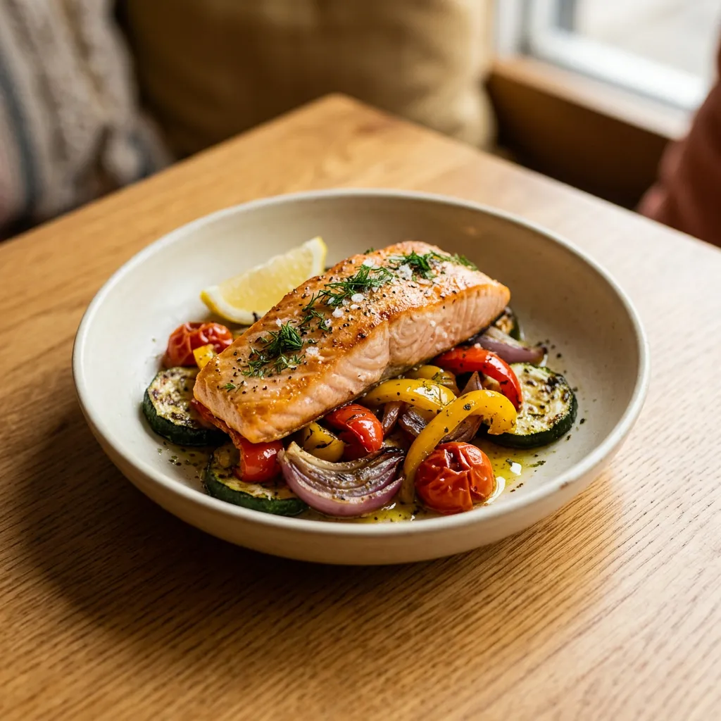 Baked salmon with roasted vegetables