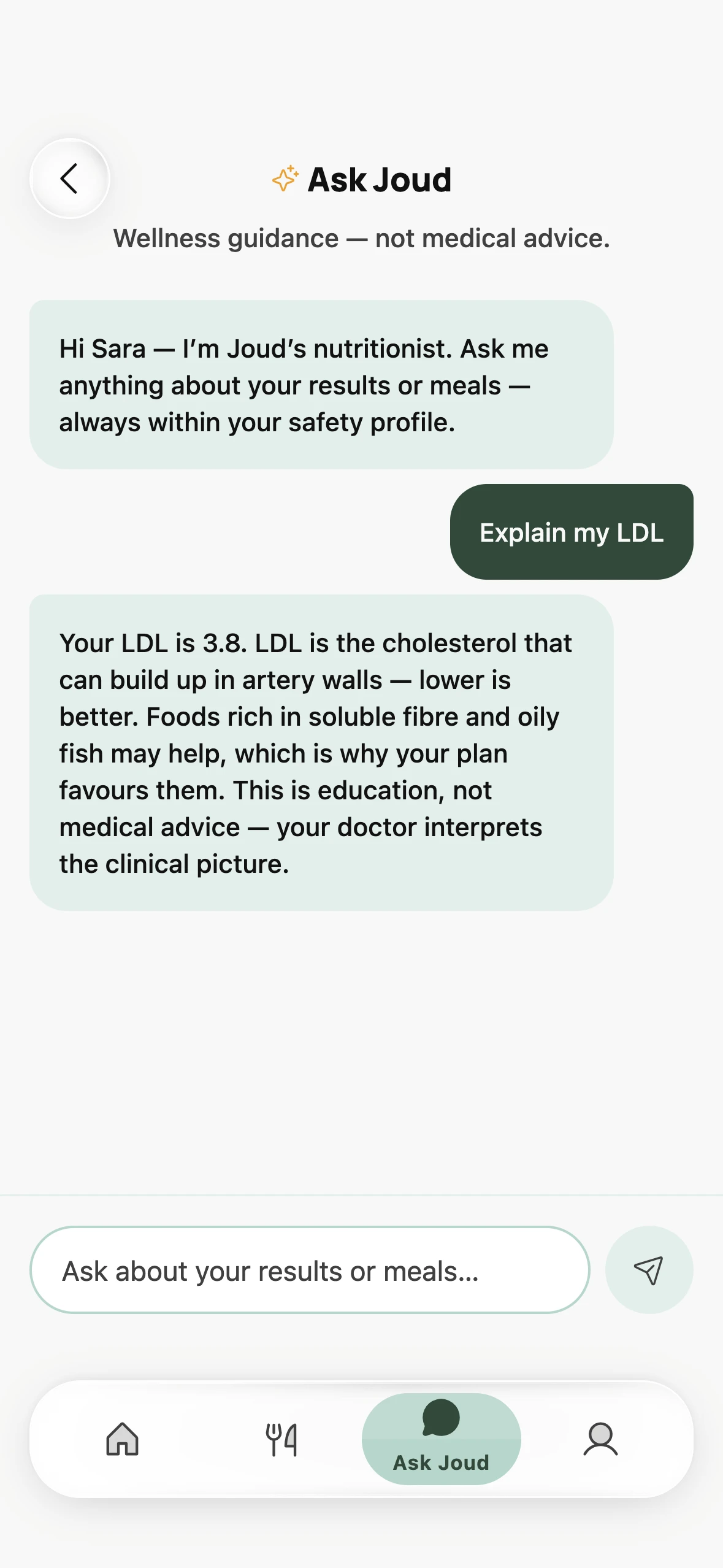 Ask Joud explaining an LDL result in plain language