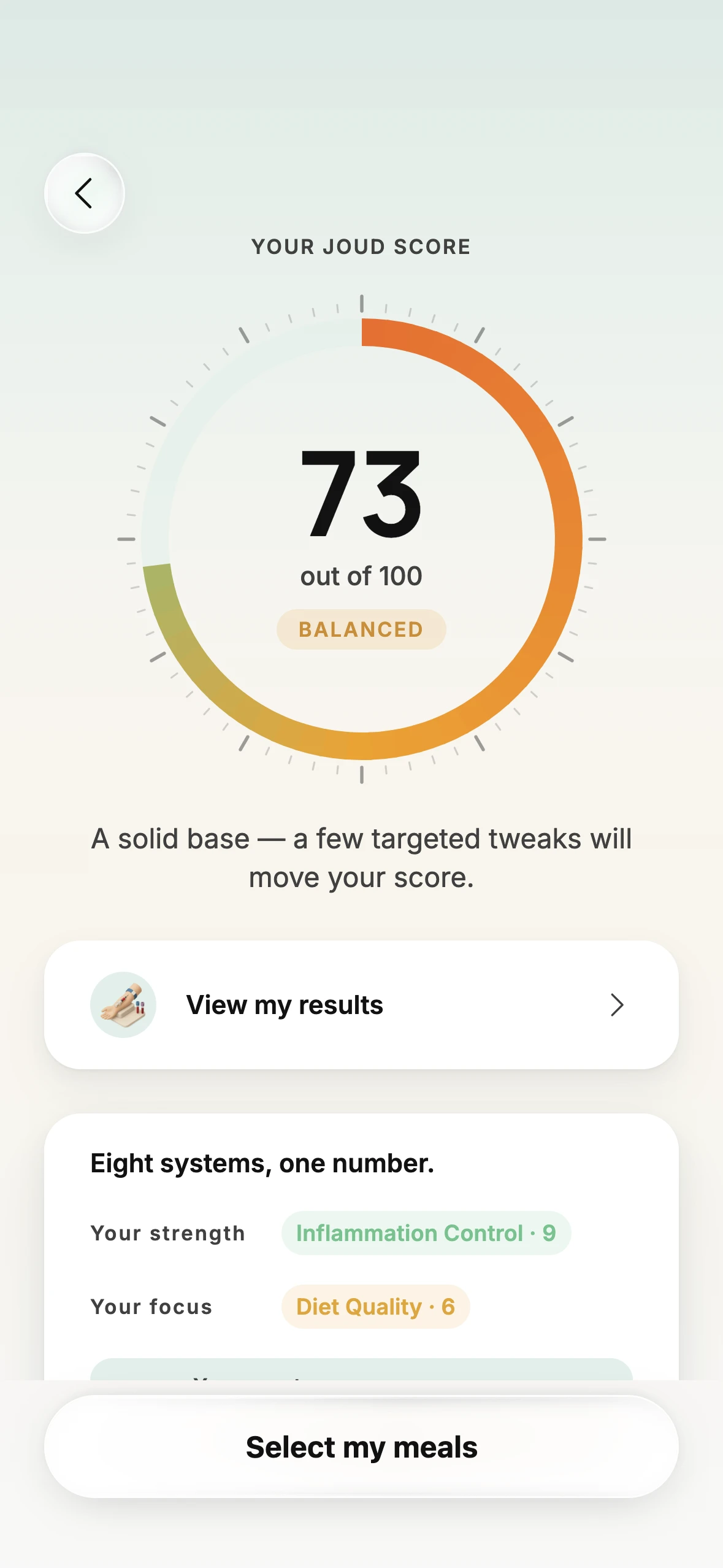 The JOUD Score screen: 73 out of 100, Balanced