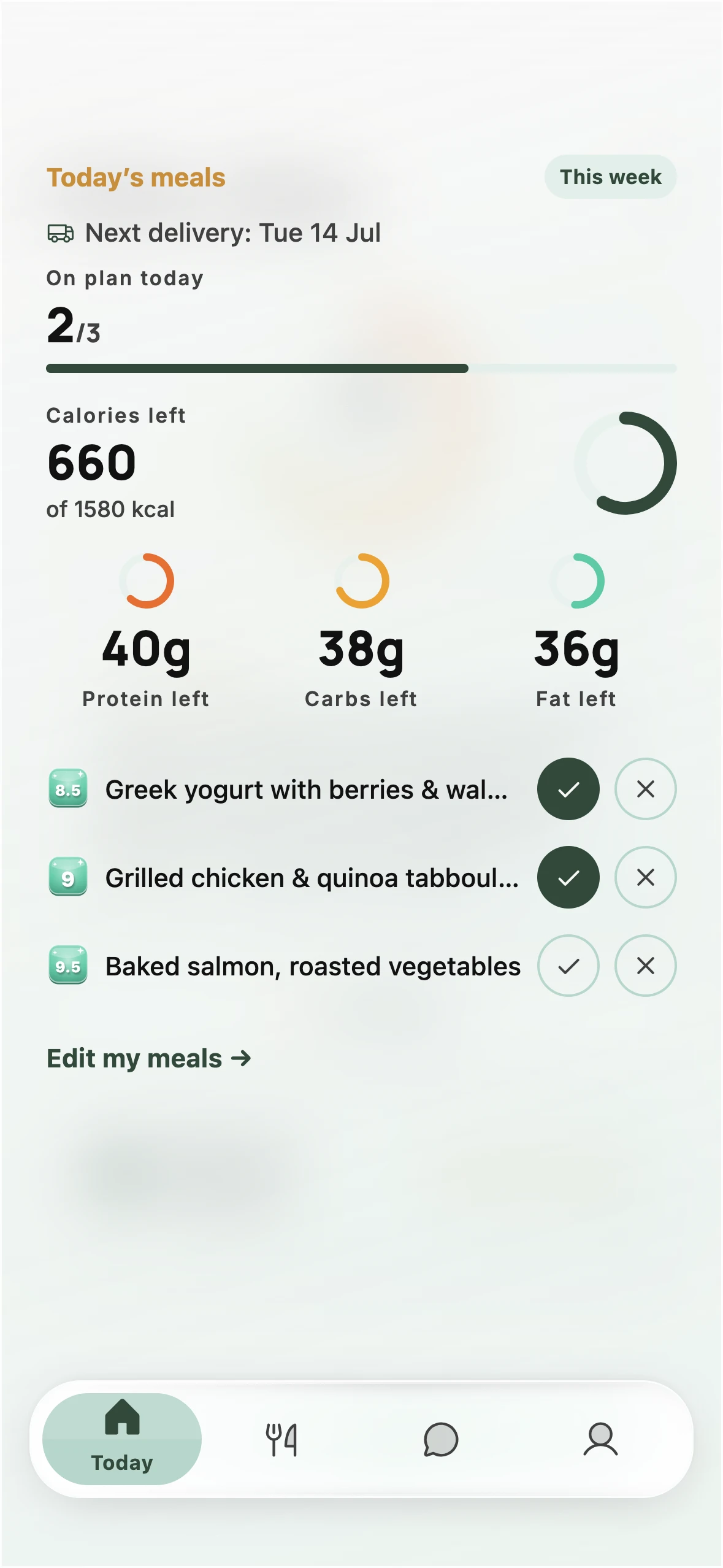 The home tracker: calories and macros remaining today, with today's three meals